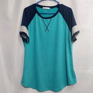 Adobosy Womens XL Short Sleeve Pullover Tee Tuquoise Black Lightweight Raglan